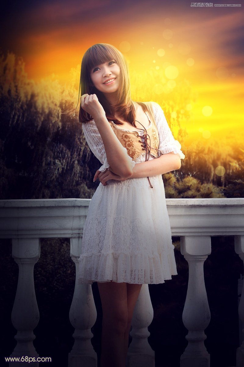 photoshop给外景可爱美女照片添加夕阳美景