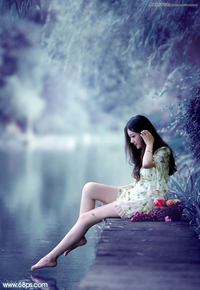 photoshop调出河边女孩唯美的蓝色效果,PS教程