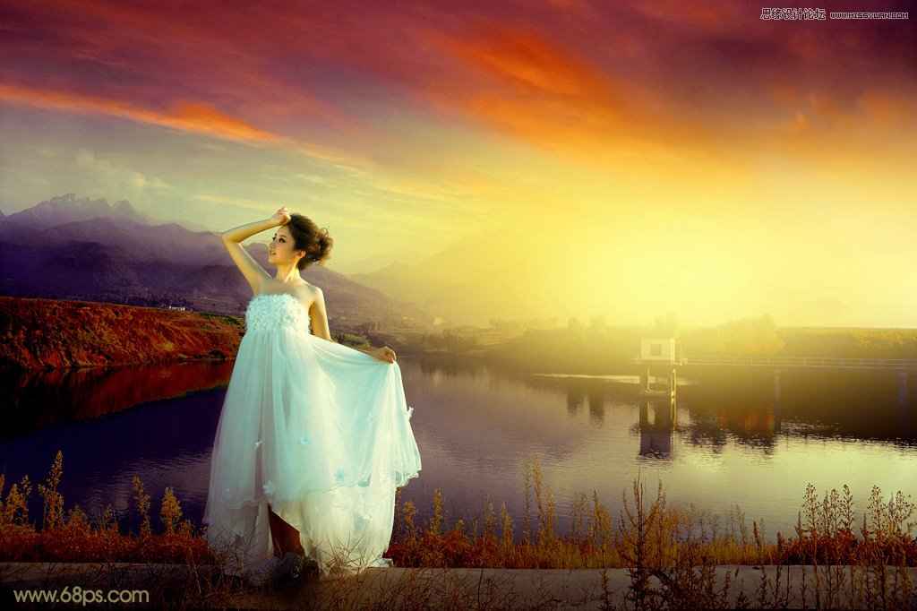 photoshop给外景婚片添加唯美的黄昏效果,PS教程