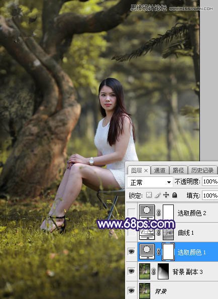 PS调出唯美紫色逆光效果的树林下女孩照片调色教程