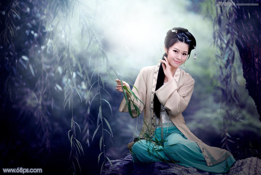photoshop调出中国风艺术蓝色调的外景人物照片