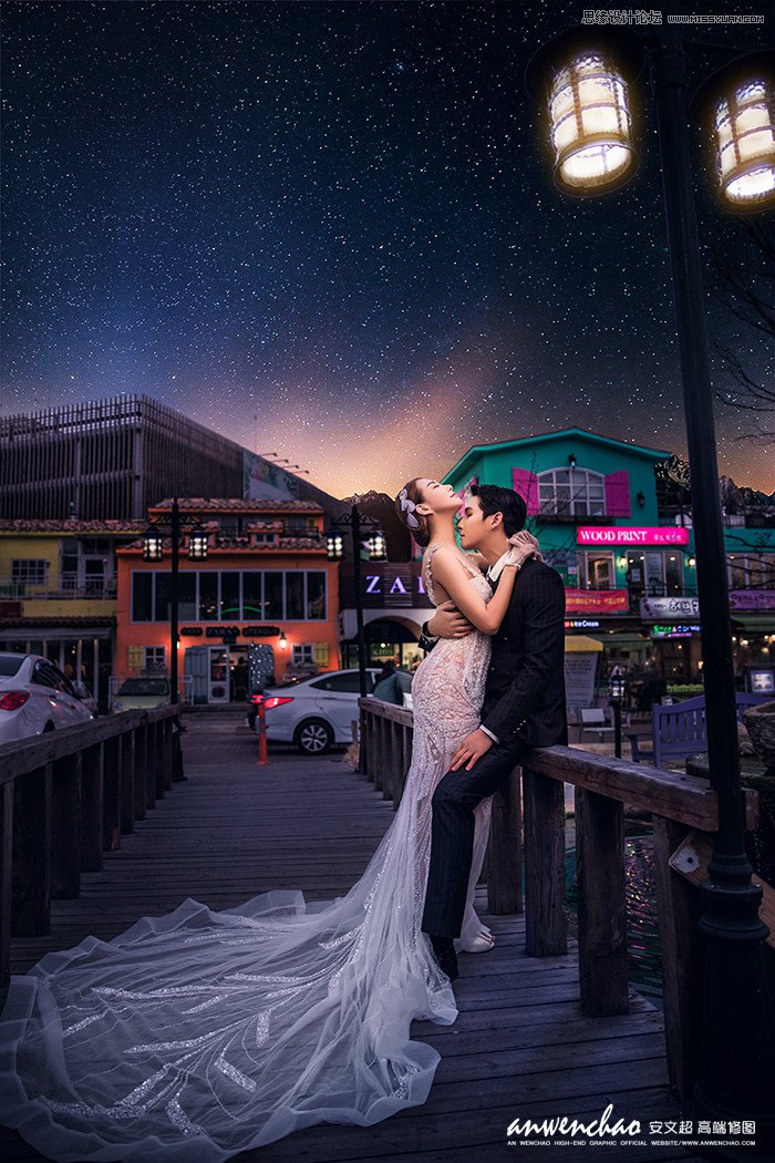 photoshop给外景婚纱照片添加星空夜景效果