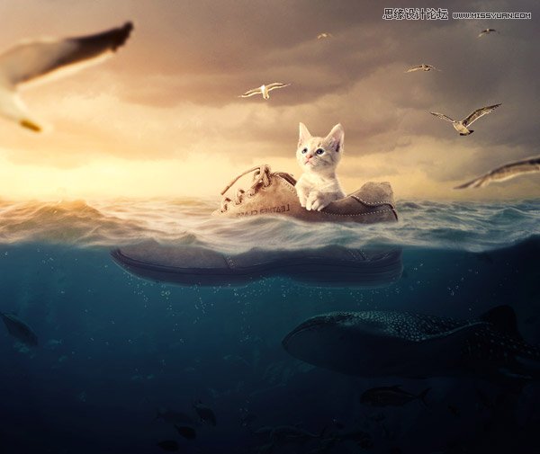 photoshop合成乘鞋环游大海的小猫图片教程