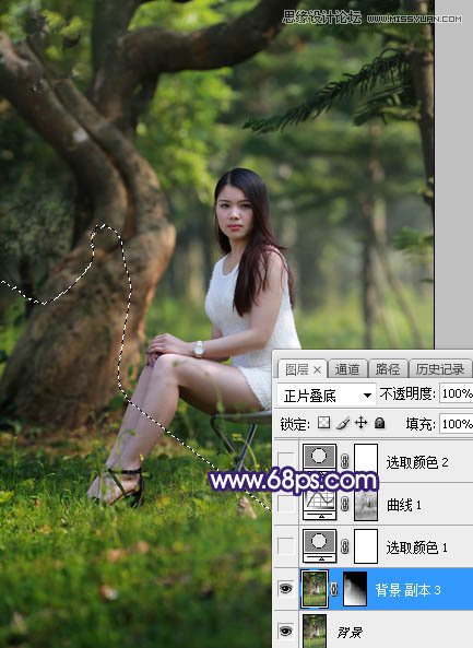 PS调出唯美紫色逆光效果的树林下女孩照片调色教程