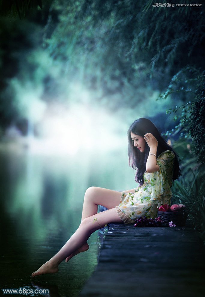 photoshop调出唯美青绿色效果的河边女孩照片