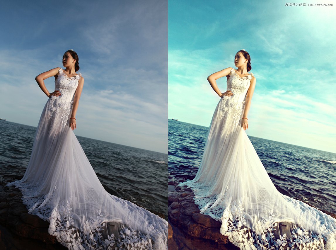 Photoshop调出海边婚纱照片蓝绿色艺术效果