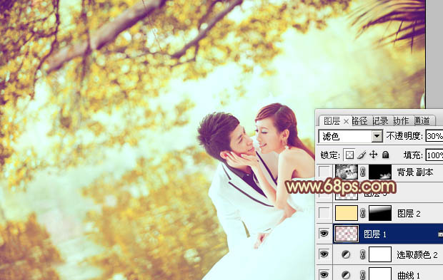 PS调出唯美淡黄色背景的情侣婚纱照片