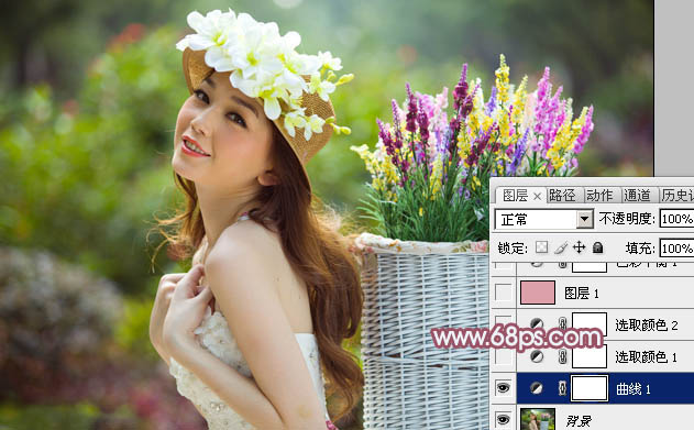Photoshop调出唯美紫红色的采花女孩照片