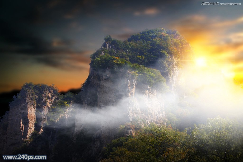 Photoshop给大山照片添加黄昏和云雾效果