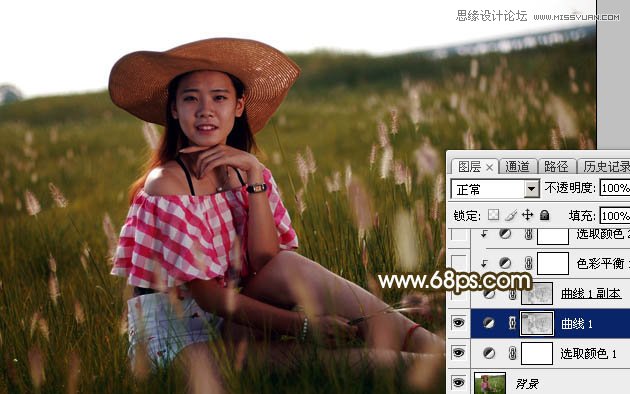 PS给草丛人像照片添加唯美的落日美景美化教程