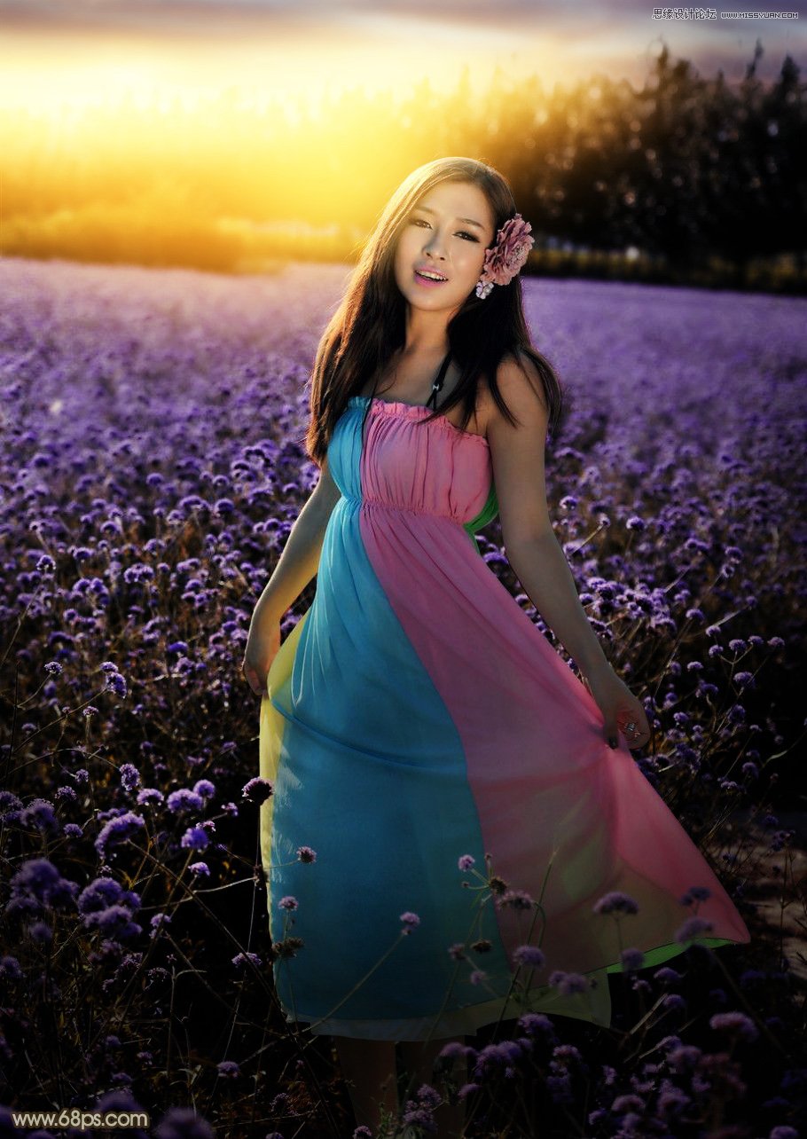 photoshop给花园人像添加金色黄昏效果图