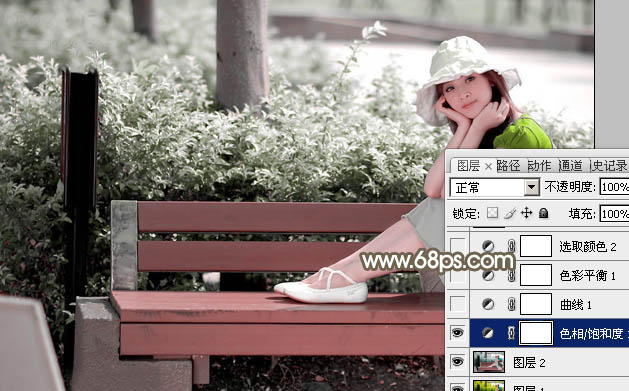 Photoshop调出青绿色的公园女孩照片处理