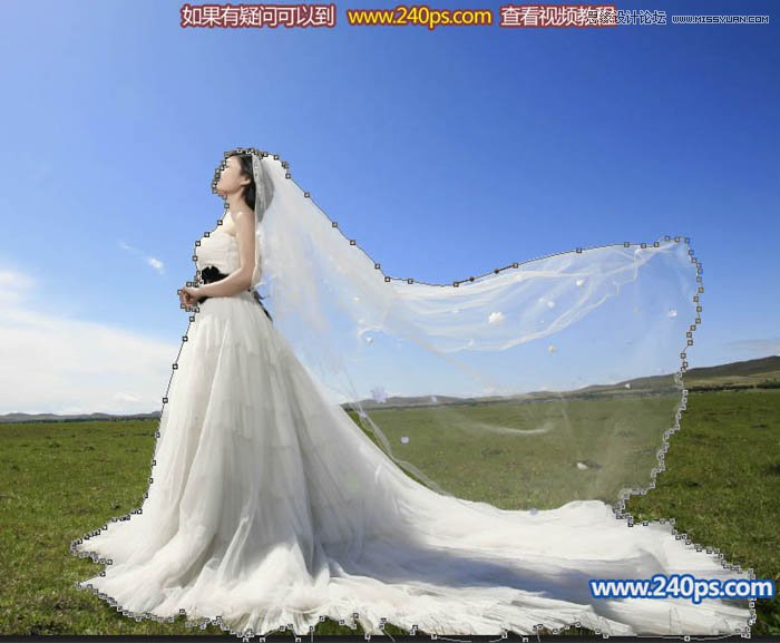 PS钢笔结合通道抠图抠出草原上透明的婚纱照片