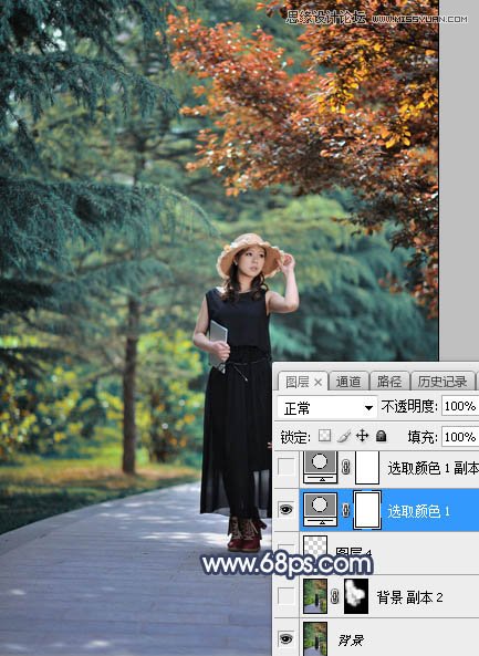 Photoshop调出秋季冷色效果的公园美女照片处理