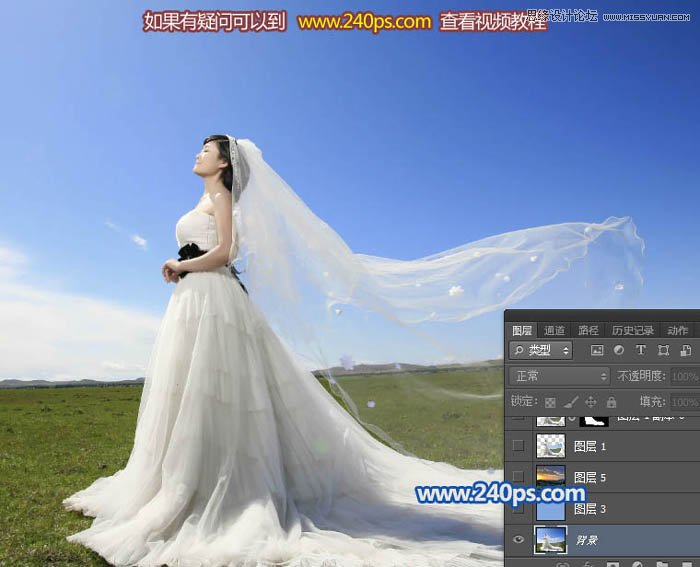 PS钢笔结合通道抠图抠出草原上透明的婚纱照片