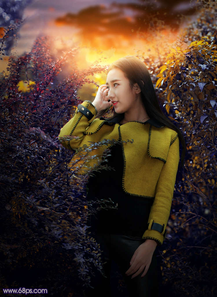 photoshop给外景美女人像添加夕阳光效美景