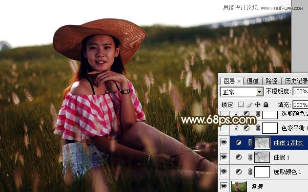 PS给草丛人像照片添加唯美的落日美景美化教程