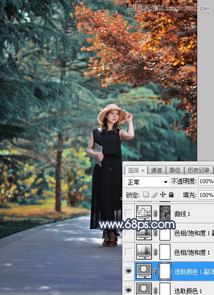 Photoshop调出秋季冷色效果的公园美女照片处理