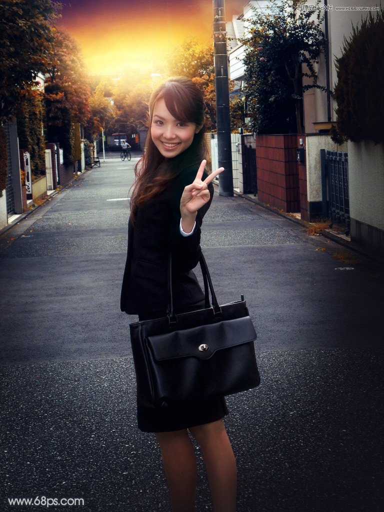photoshop给街边美女照片添加日系黄昏效果图