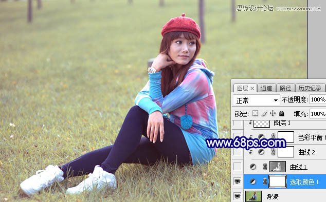 Photoshop调出唯美淡蓝色效果的草地女孩照片
