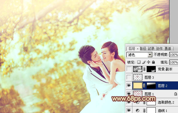 PS调出唯美淡黄色背景的情侣婚纱照片
