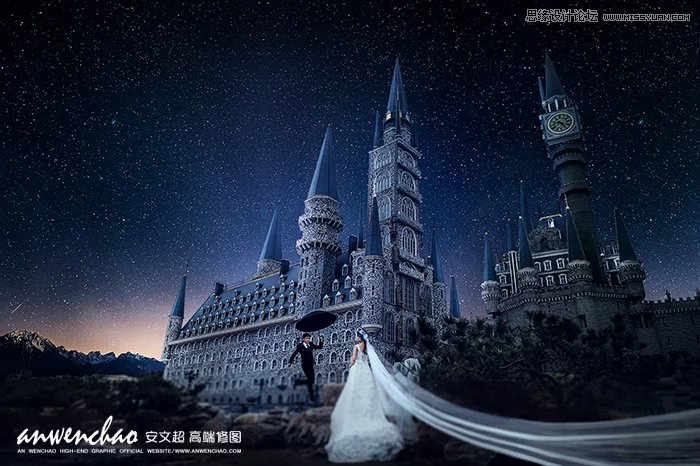 photoshop给城堡婚纱照片添加梦幻夜景星空背景
