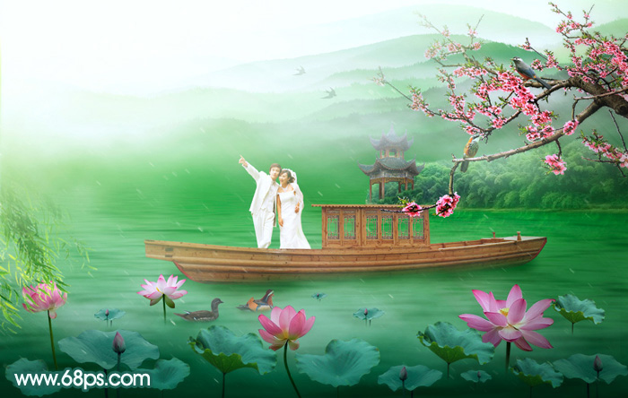 photoshop制作唯美山水画中的婚纱照片