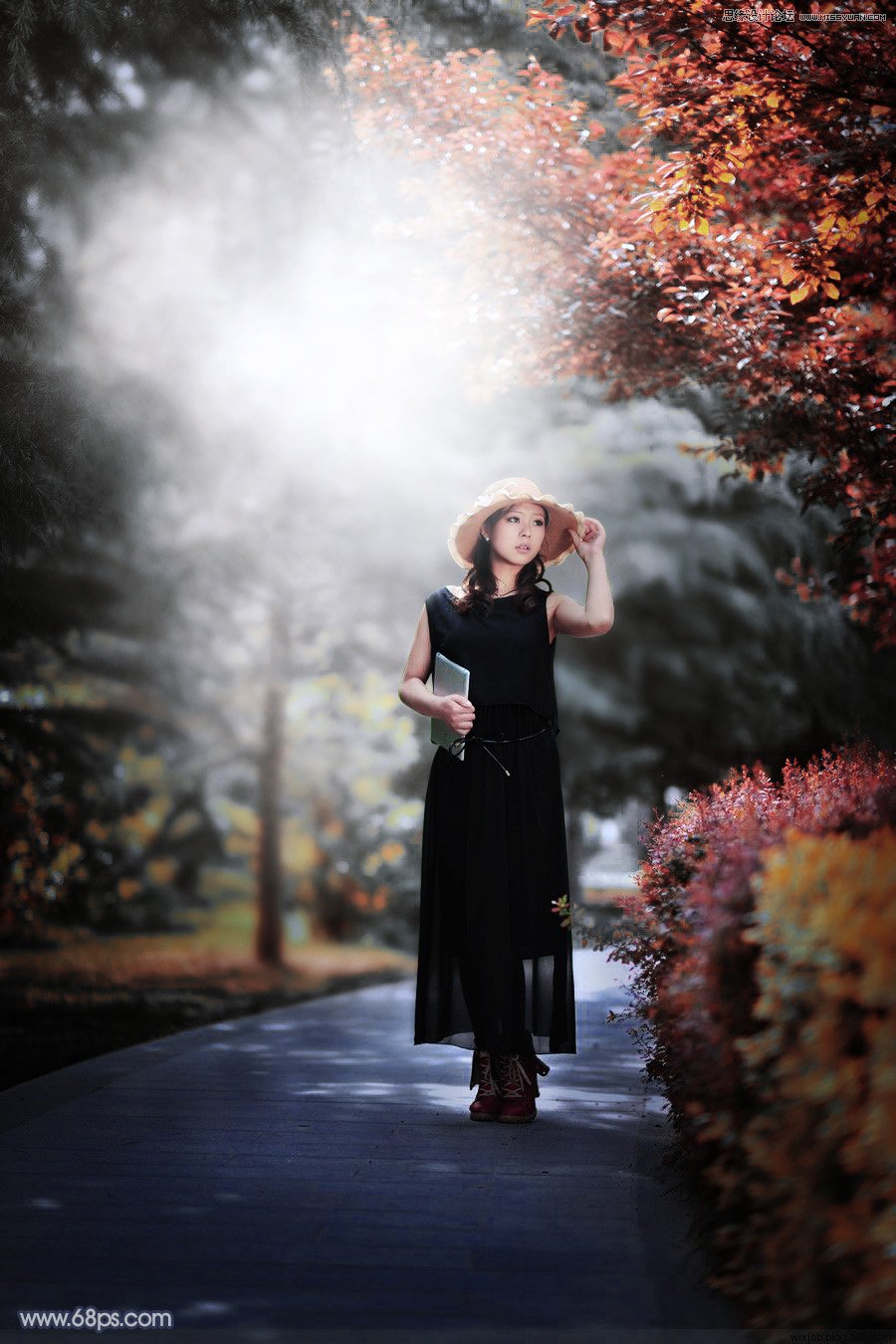 photoshop调出秋季冷色效果的公园美女照片处理