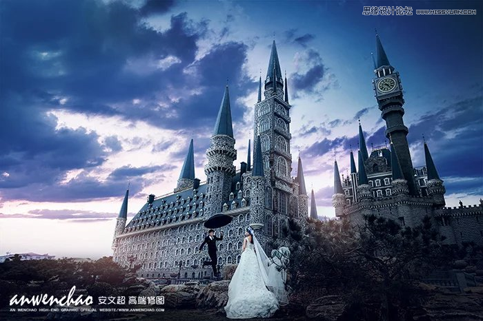 Photoshop给城堡婚纱照片添加梦幻夜景星空背景