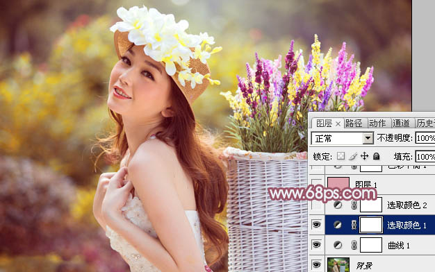 Photoshop调出唯美紫红色的采花女孩照片