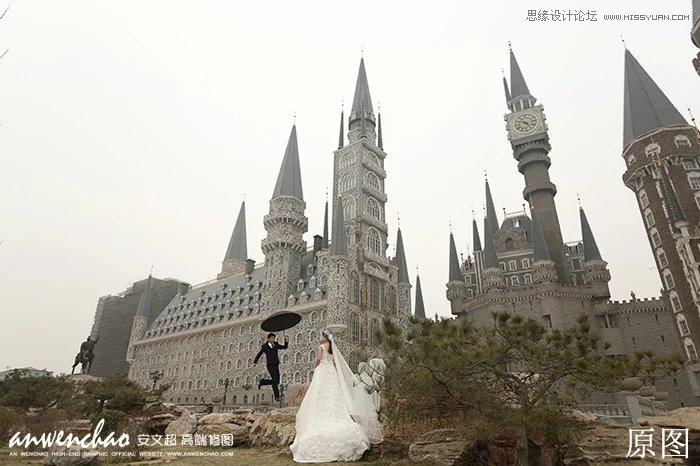 Photoshop给城堡婚纱照片添加梦幻夜景星空背景
