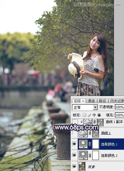Photoshop调出河道边女孩唯美紫色艺术效果