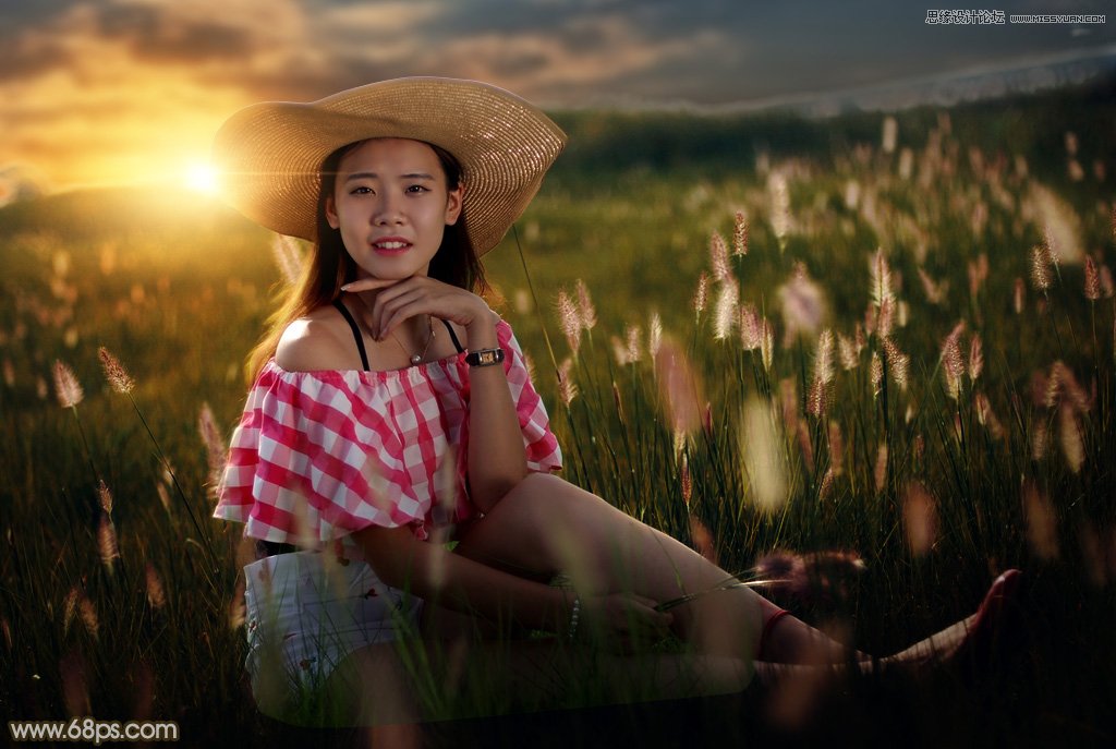 PS给草丛人像照片添加唯美的落日美景美化教程