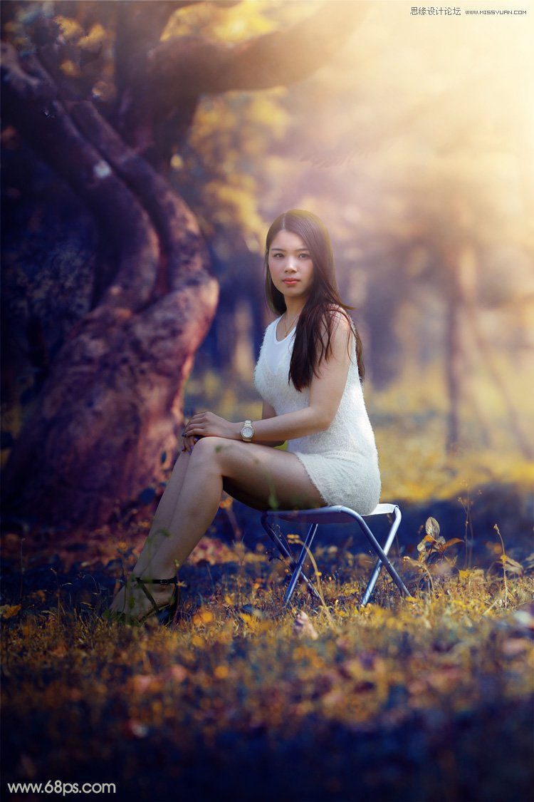 photoshop调出暖黄色逆光效果的公园美女照片