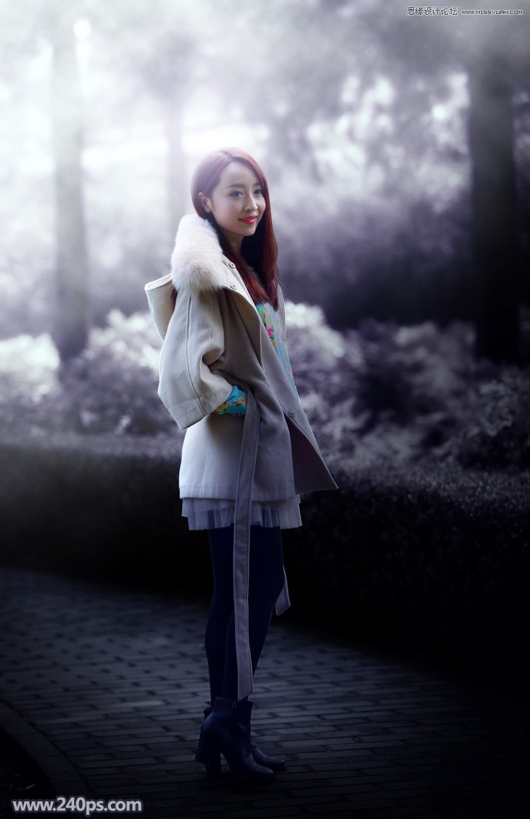 photoshop调出外景美女暗紫色逆光效果图